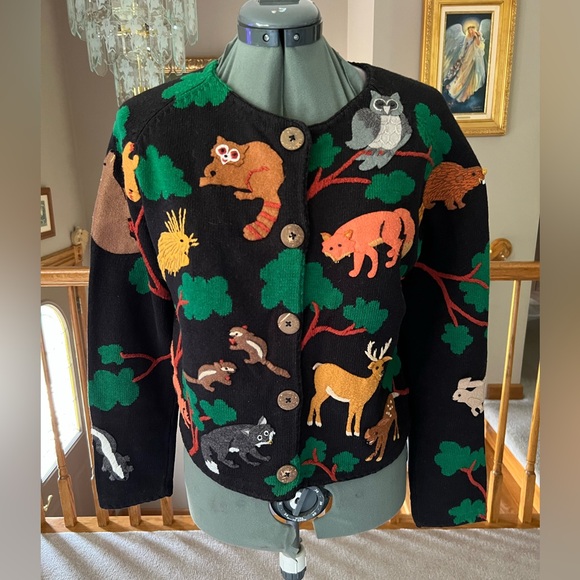 Michael Simon S M Forest Animals Sweater Cardigan Embroidered Fall Autumn - Picture 1 of 7